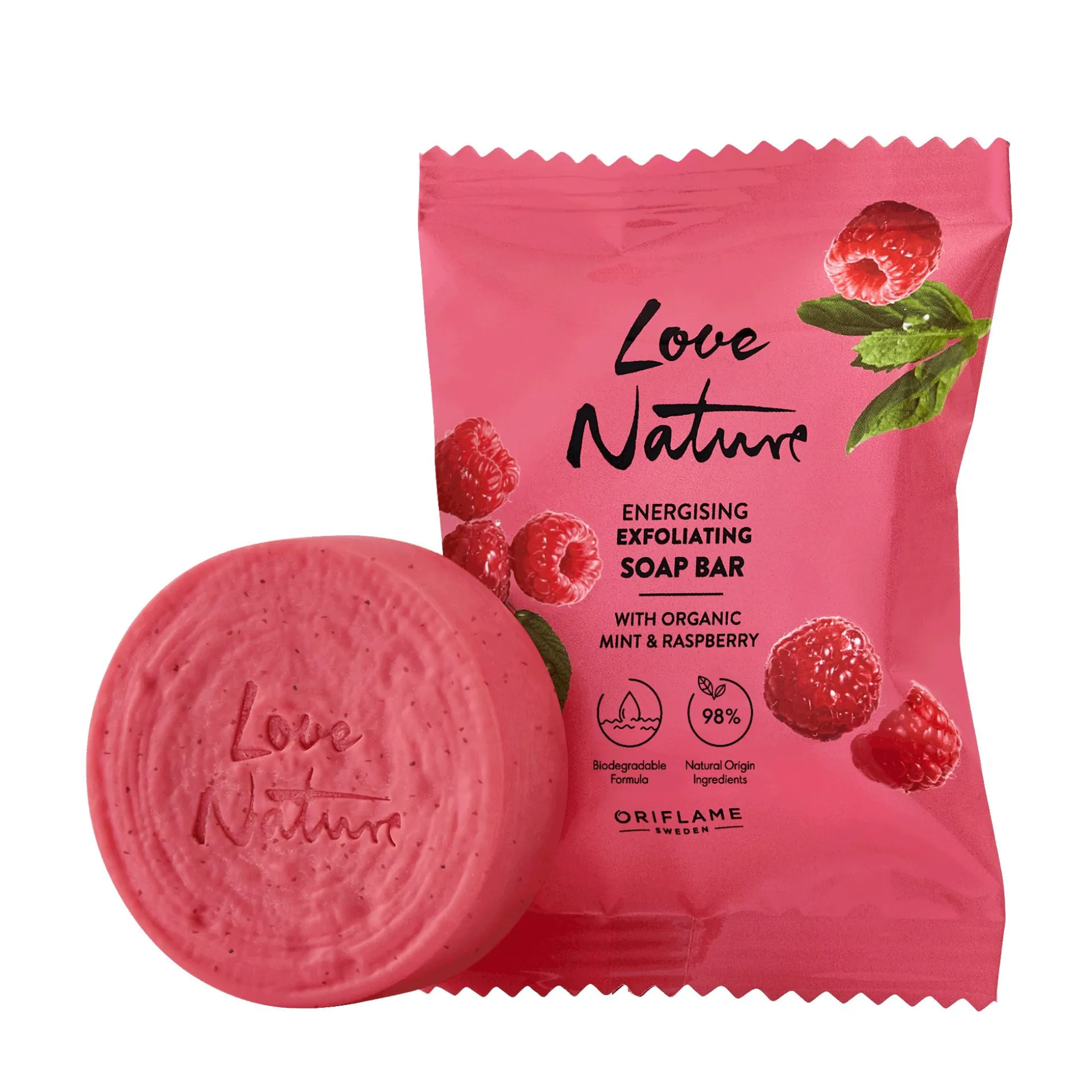 Złuszczające mydło Love Nature z organiczną miętą i maliną 75 g
